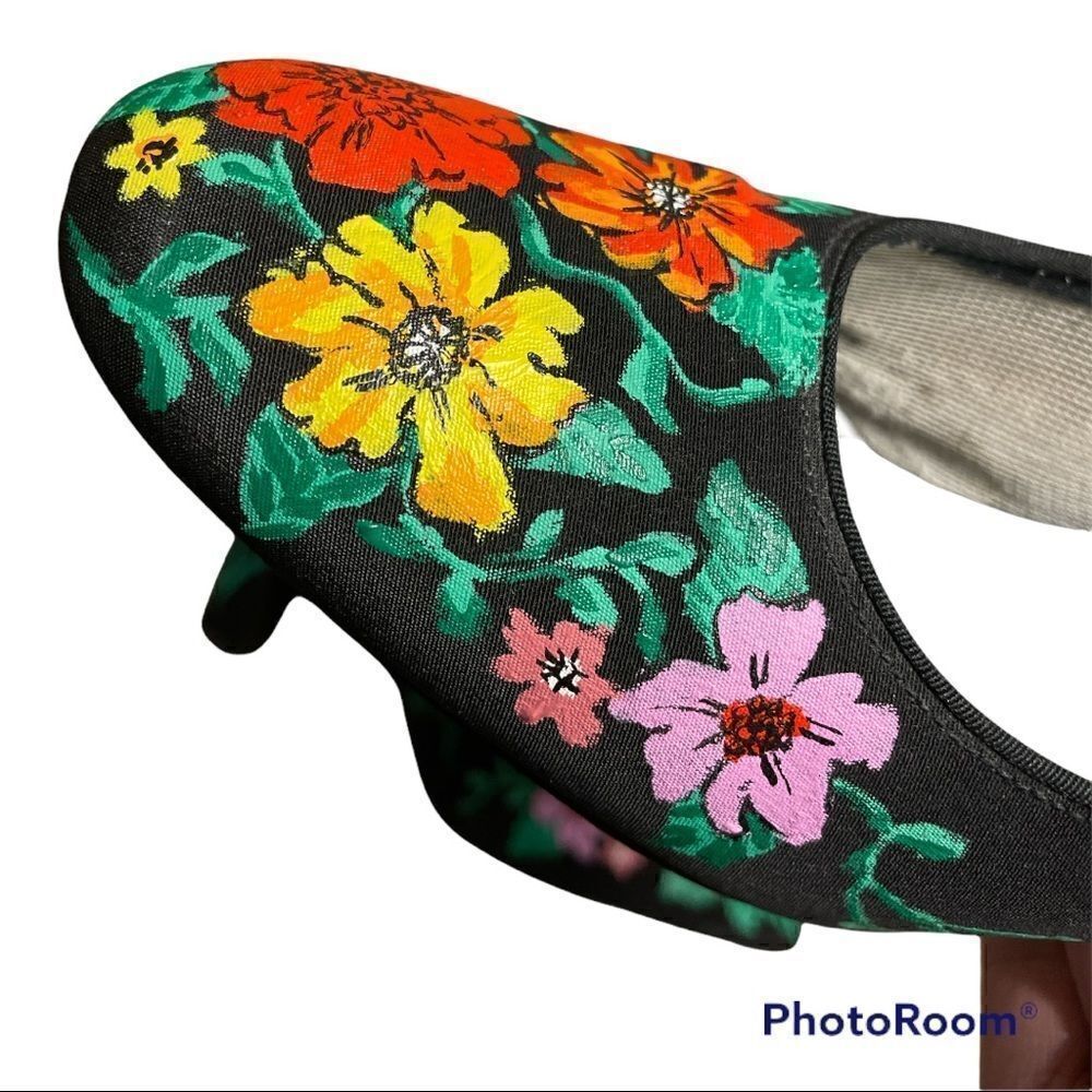 Vintage  80’s Floral Hand Painted Grosgrain fabric Black Heeled Pumps size 7 - Picture 10 of 12